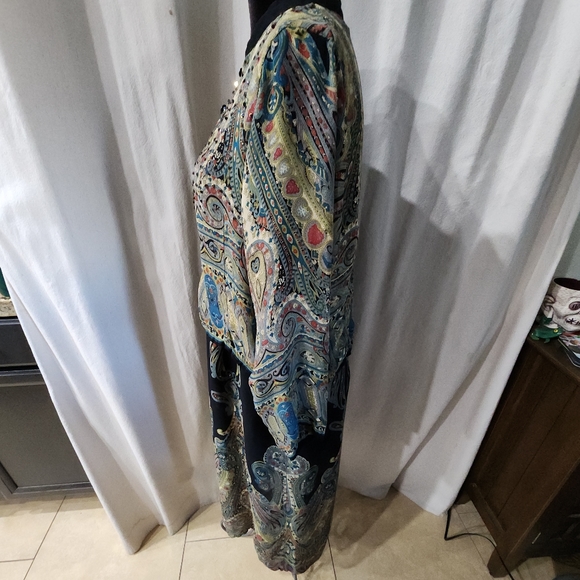 Rene Derby Top Tunic Cape Cover Womens  Multicolor Paisley Print Sequins - Picture 2 of 15